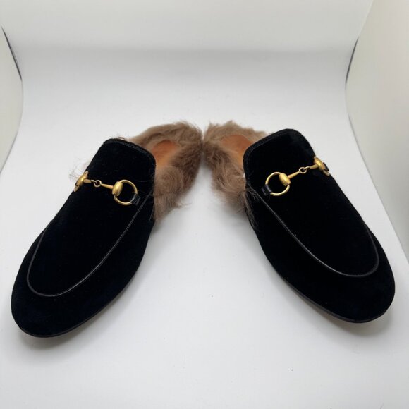 Gucci Princetown Horsebit Flat Mules Velvet Lamb Fur Lined Black Women's EU 36 - Picture 11 of 15